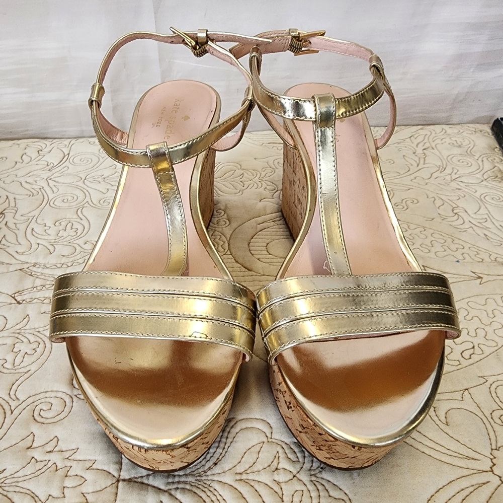 Kate Spade Tallin Gold Metallic Cork Platform Wedge Strap Sandals Size 9.5